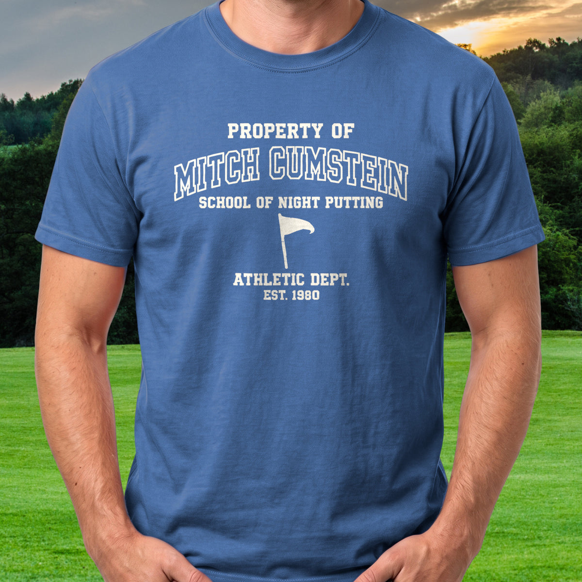 Mitch Cumstein Athletic Dept Tee worn on the golf course, Royal