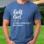Golf Girl Script Tee worn on the golf course, Royal