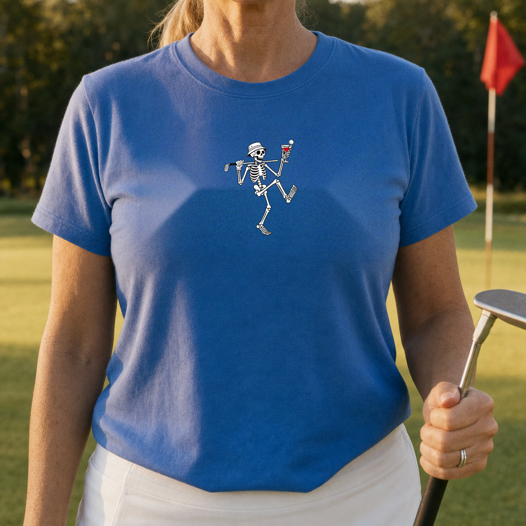 Martini Skeleton Strut Tee worn on the golf course, Royal
