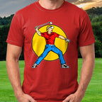 Angry Golfer Pop Art Tee worn on the golf course, Red