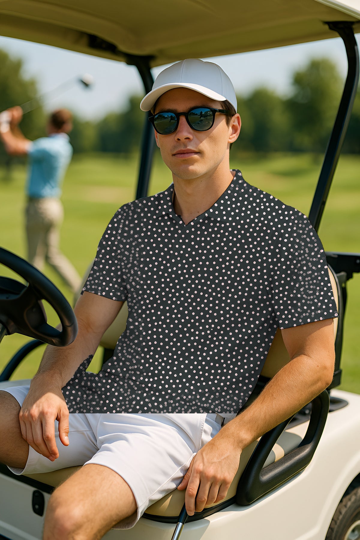 Range Ball Speckle Performance Print Polo worn on the golf course