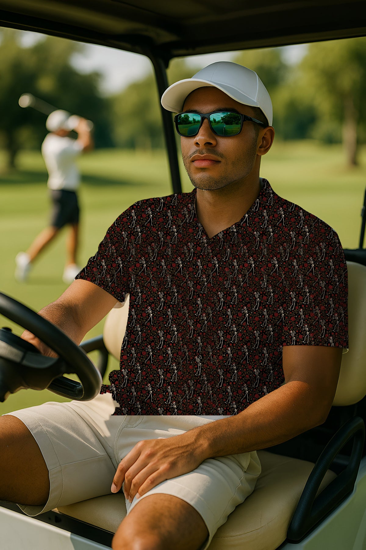 Rose Skeleton Toile Performance Print Polo worn on the golf course