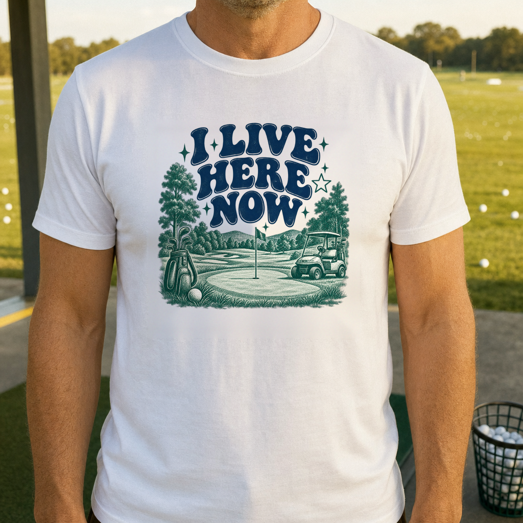 I Live Here Now Tee worn on the golf course, White