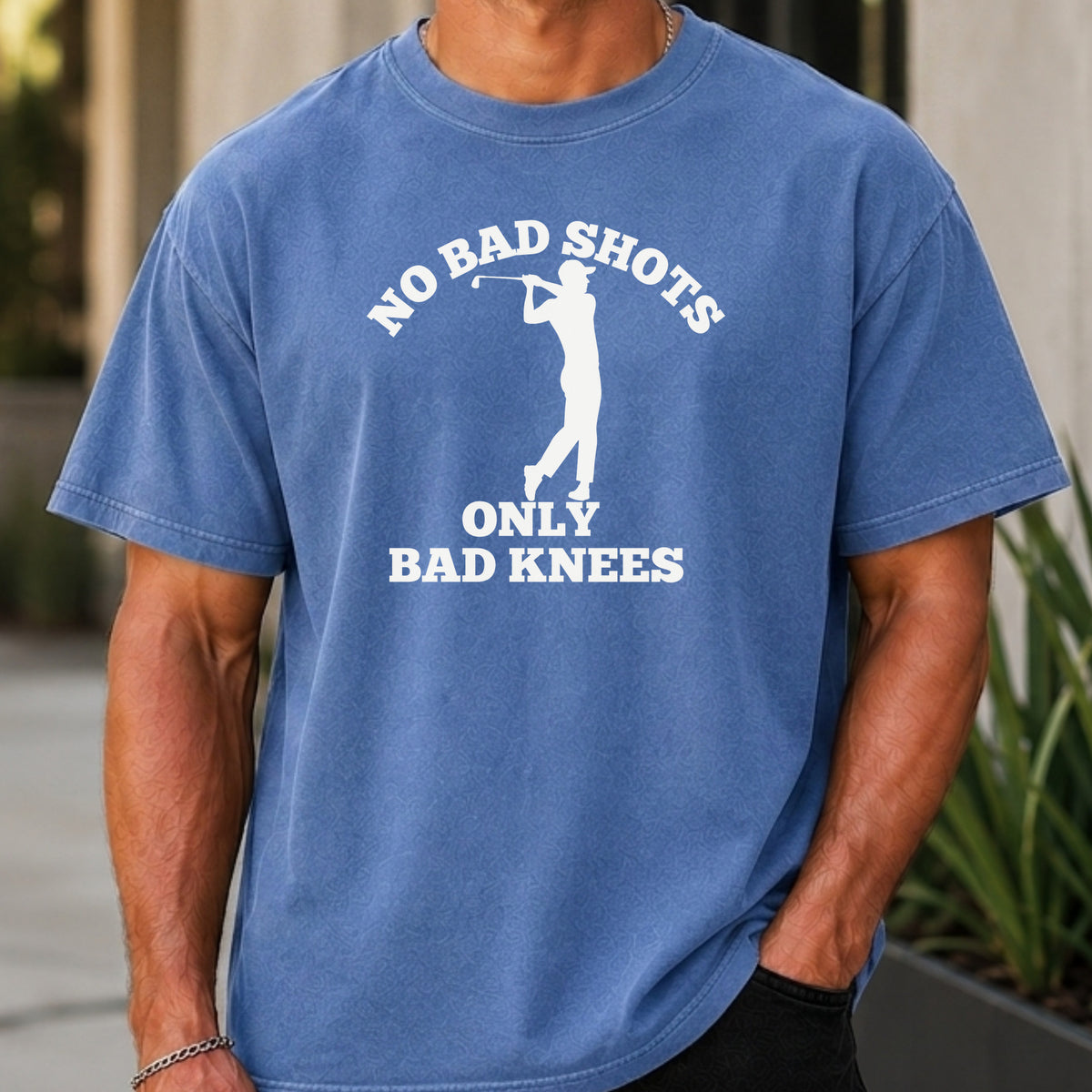 No Bad Shots Premium Tee worn, Mystic Blue