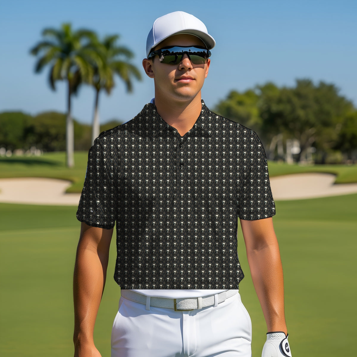 Gothic Frames Performance Print Polo worn on the golf course