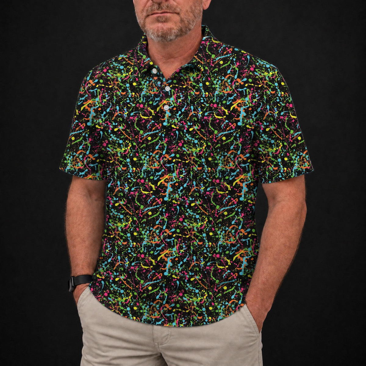 Electric Splatter Performance Print Polo worn, front view