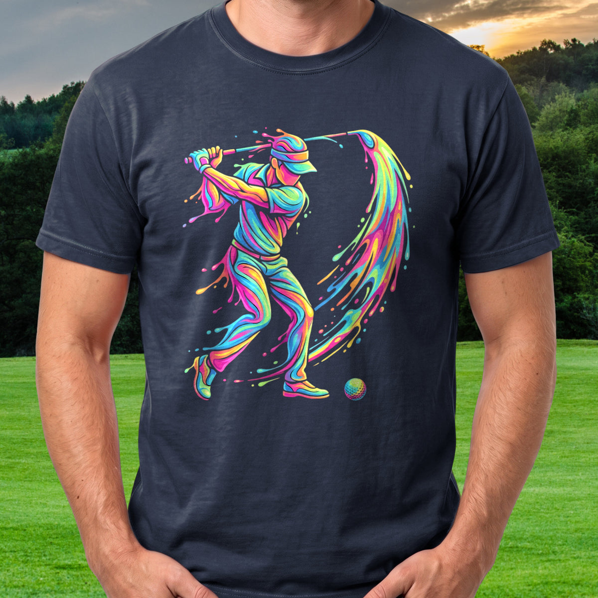 Pastel Splash Swing Tee worn on the golf course, Navy