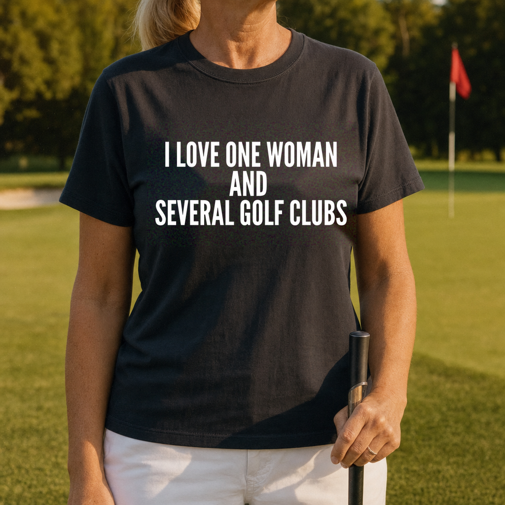 I Love One Woman Heavyweight Tee worn on the golf course, Moss