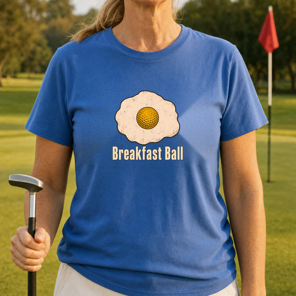 Breakfast Ball Tee worn on the golf course, Royal
