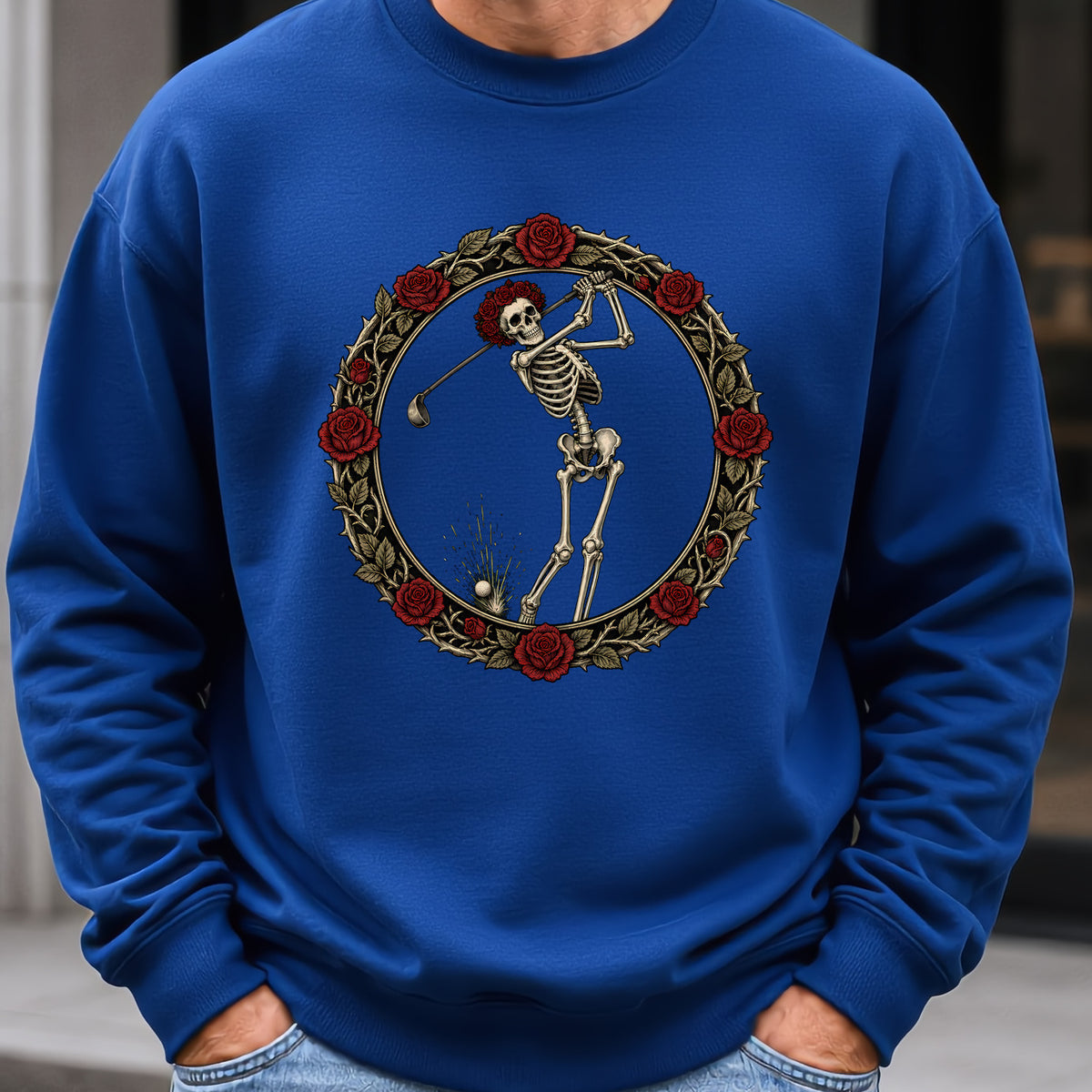 Rose Skeleton Crest Sweatshirt worn, Royal