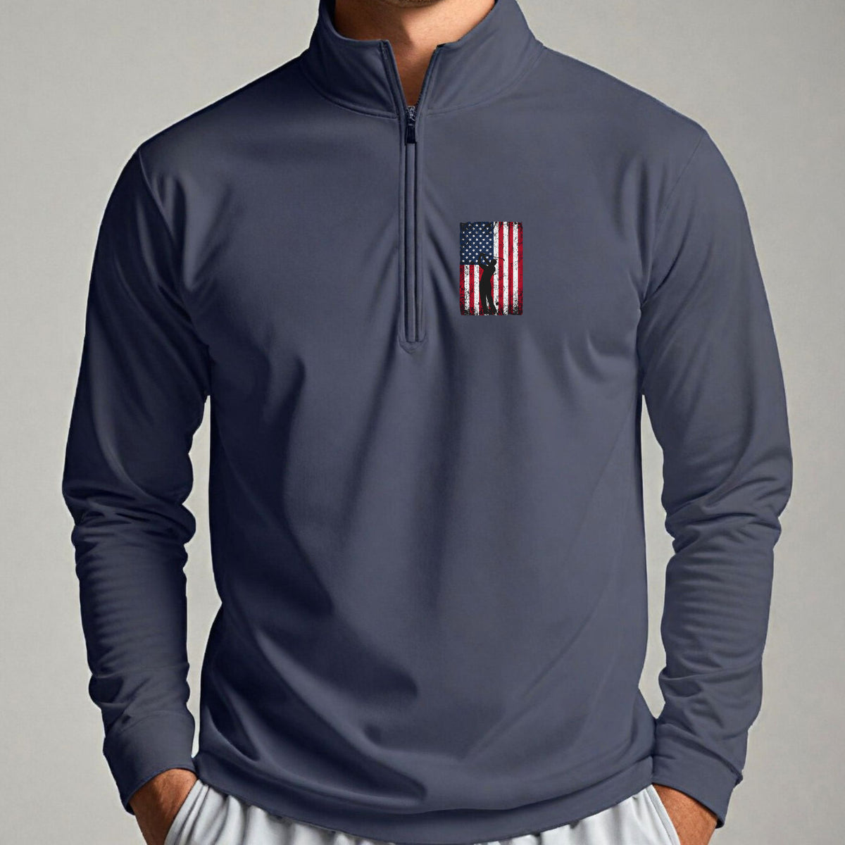 Flag Swing Quarter Zip worn, Navy