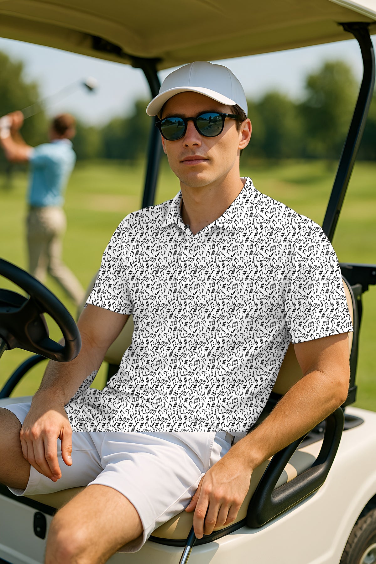 Music Notes Performance Print Polo worn on the golf course