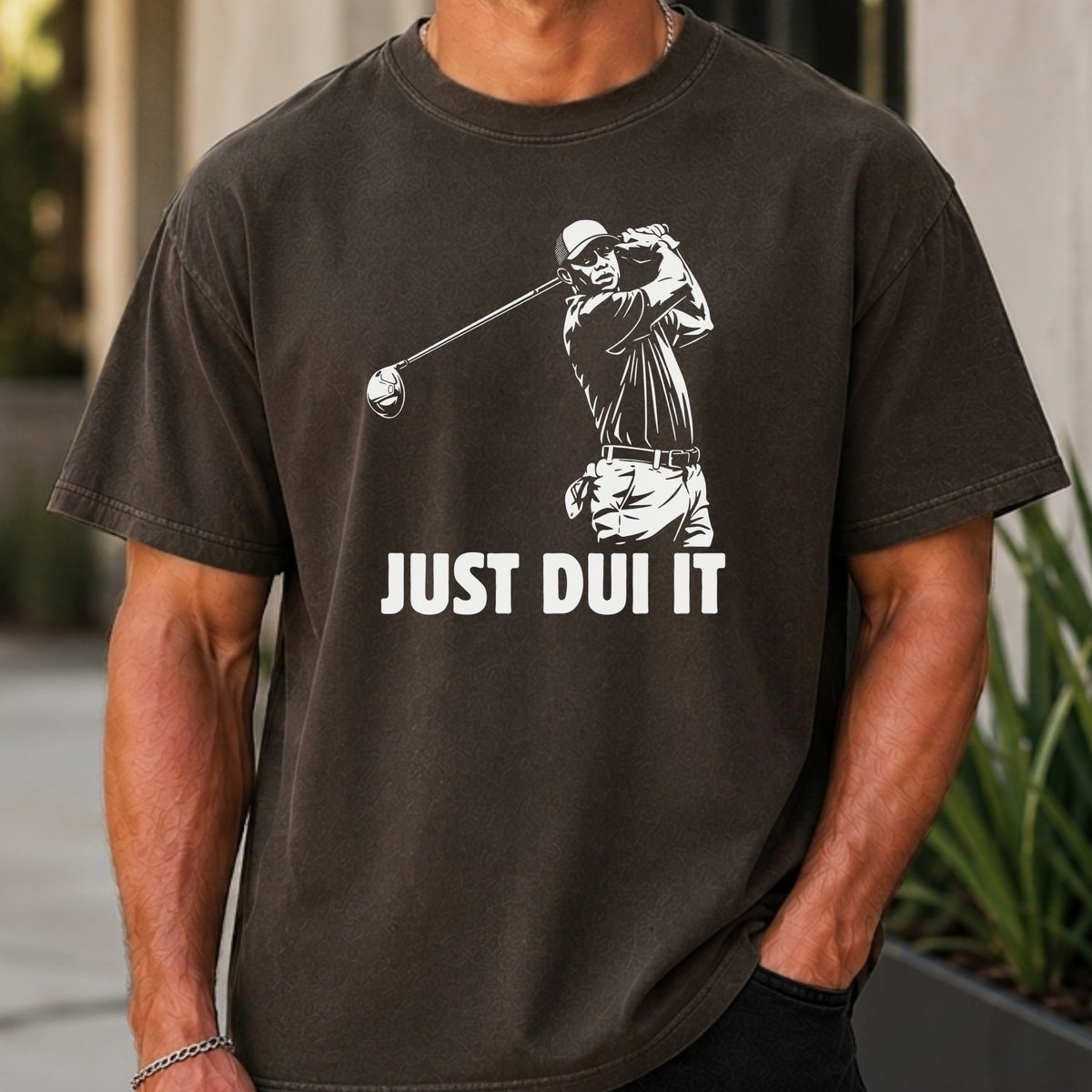 Just DUI It Premium Tee worn, Pepper