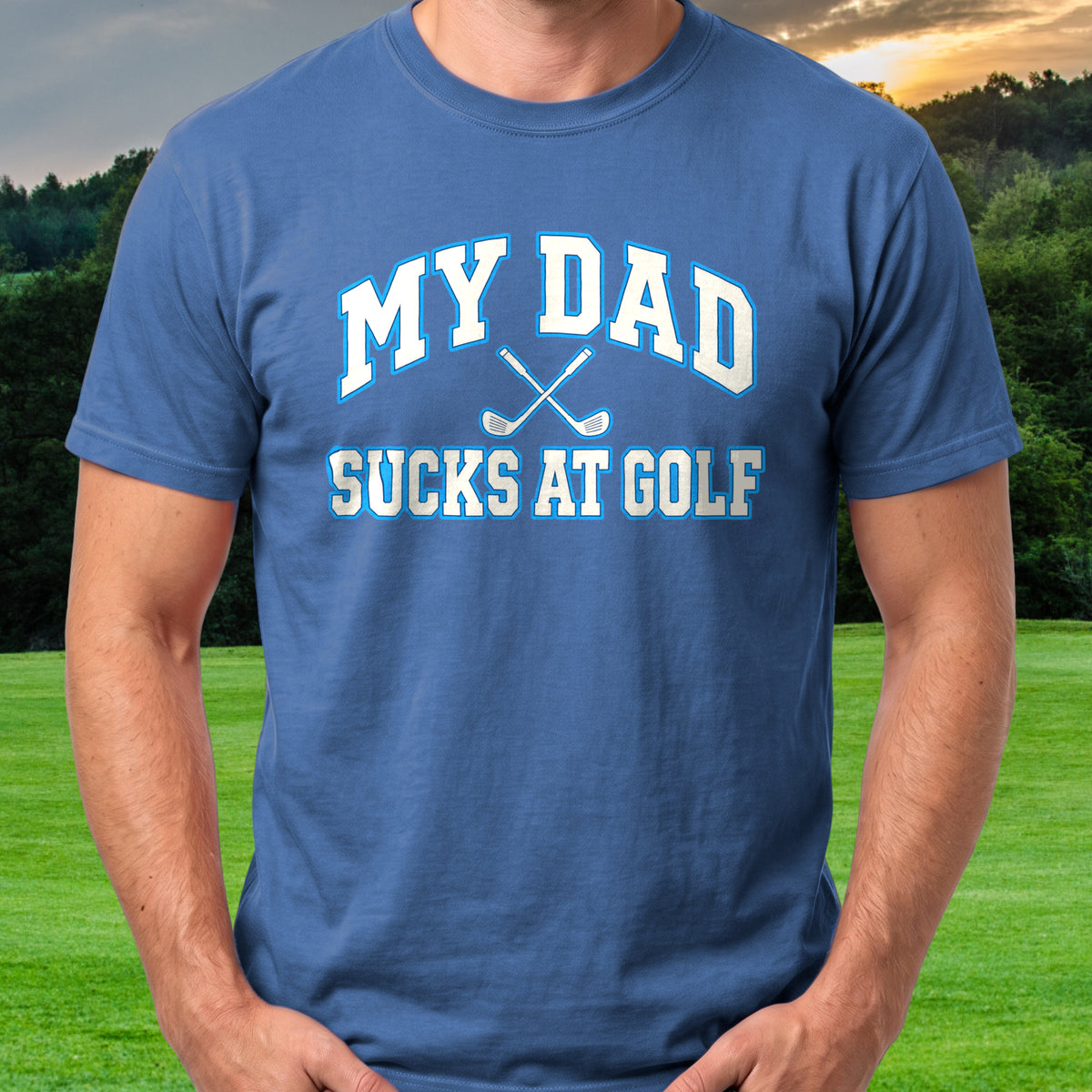 My Dad Sucks At Golf Varsity Tee worn on the golf course, Royal
