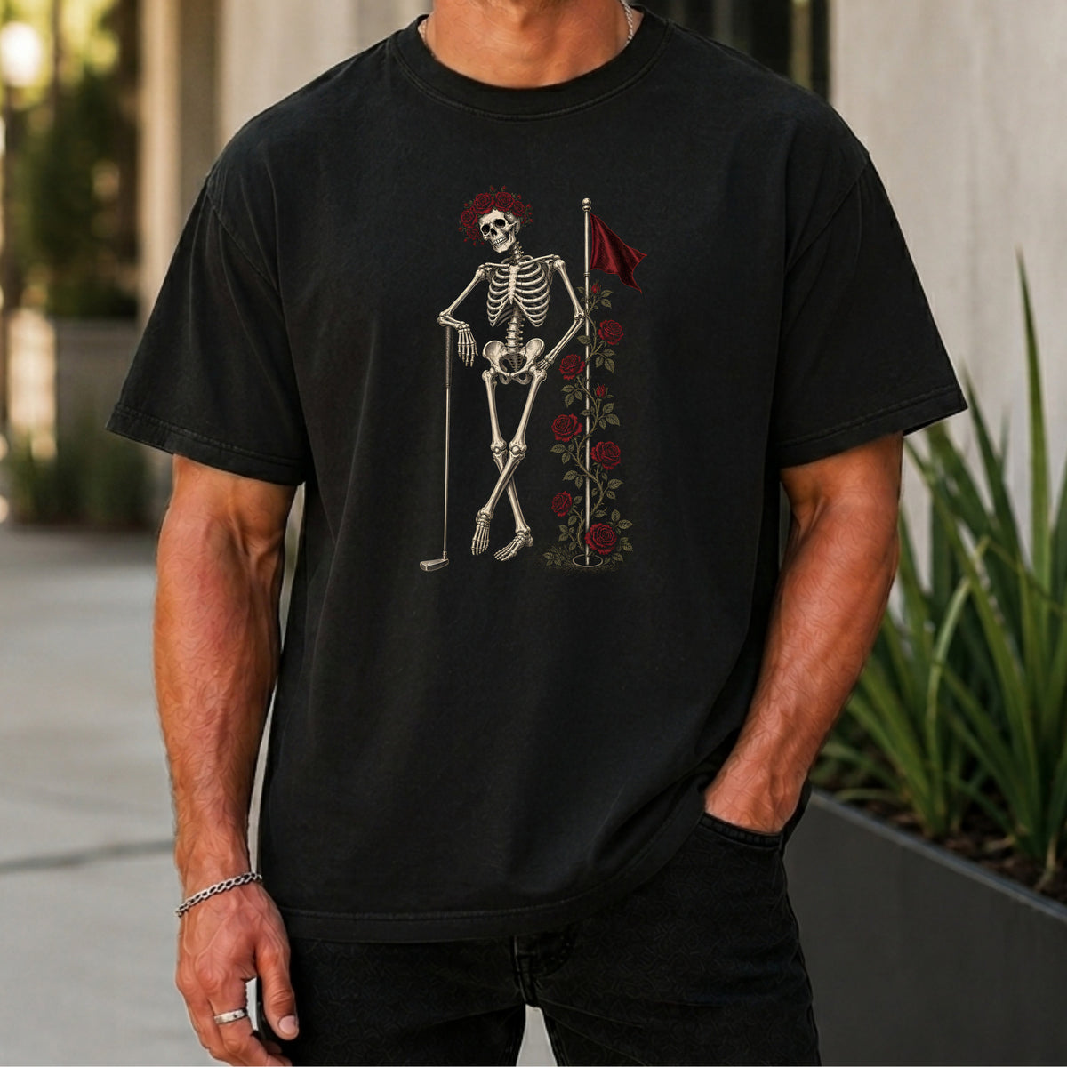 Rose Skeleton Leaning Premium Tee worn, Black