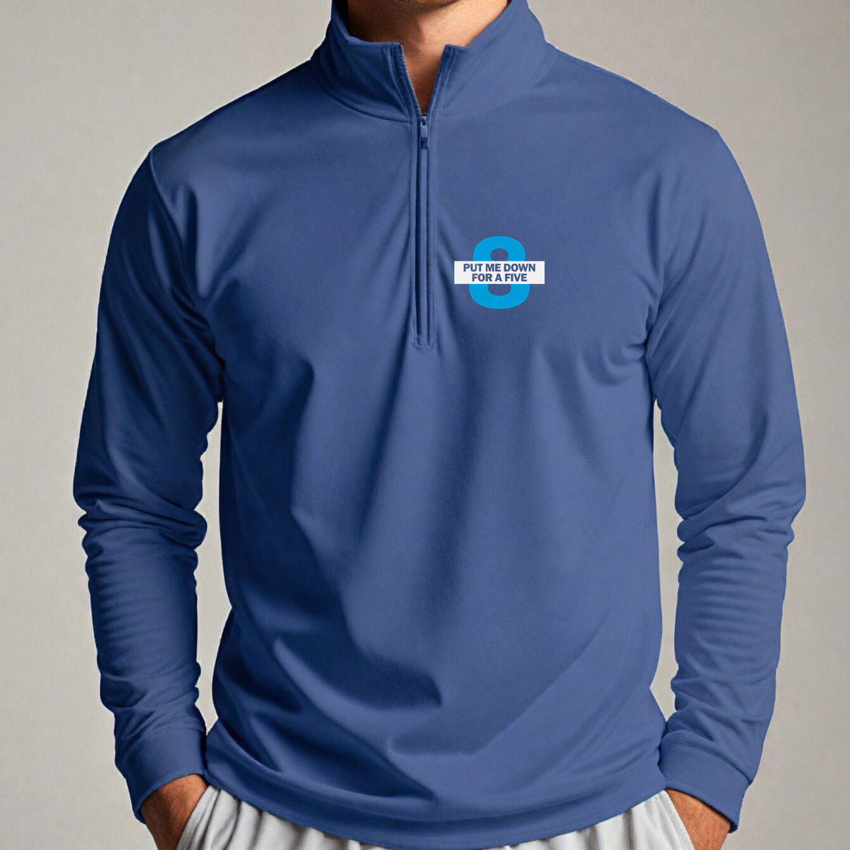 Put Me Down For a Five Quarter Zip worn, Royal