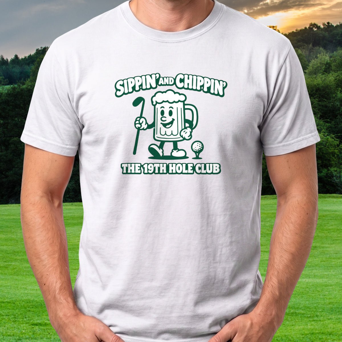 Sippin And Chippin Tee worn on the golf course, White