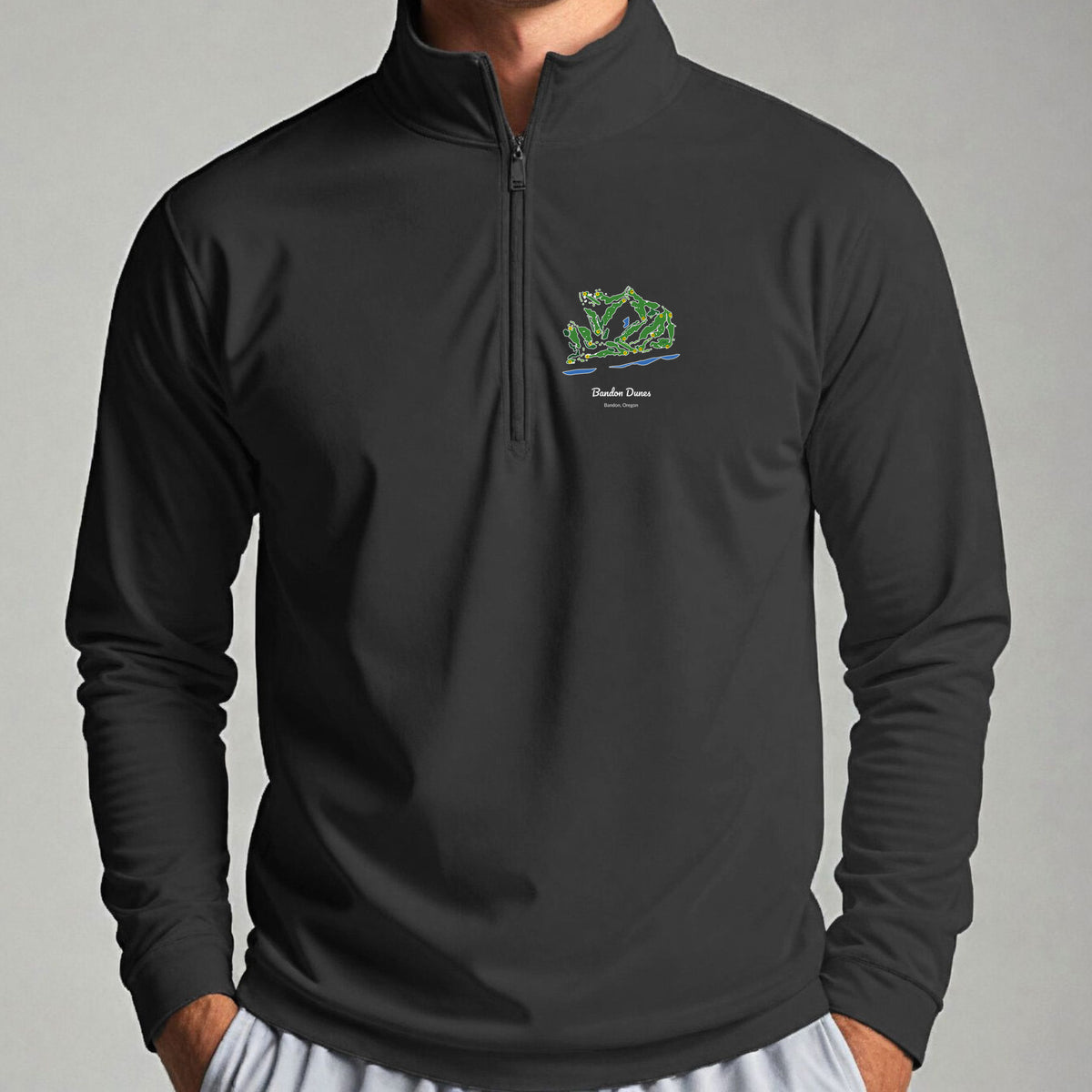 Bandon Dunes Course Map Quarter Zip worn, Black