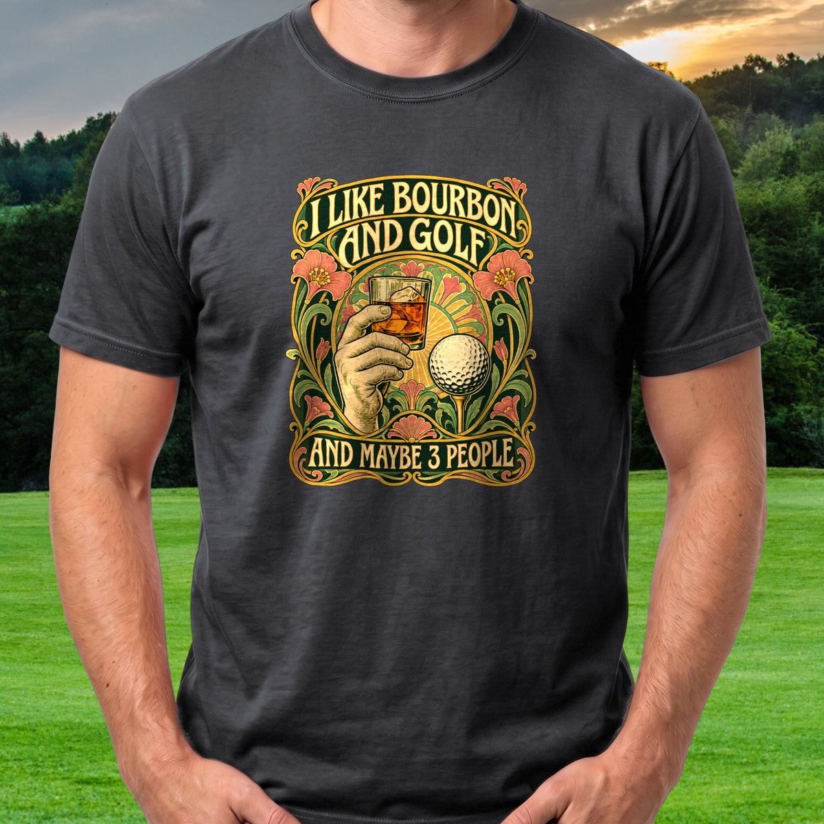 I Like Bourbon And Golf Art Nouveau Tee worn on the golf course, Black