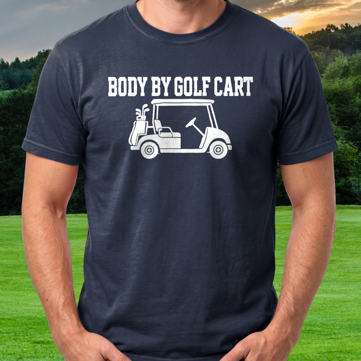 Body By Golf Cart Tee worn on the golf course, Navy