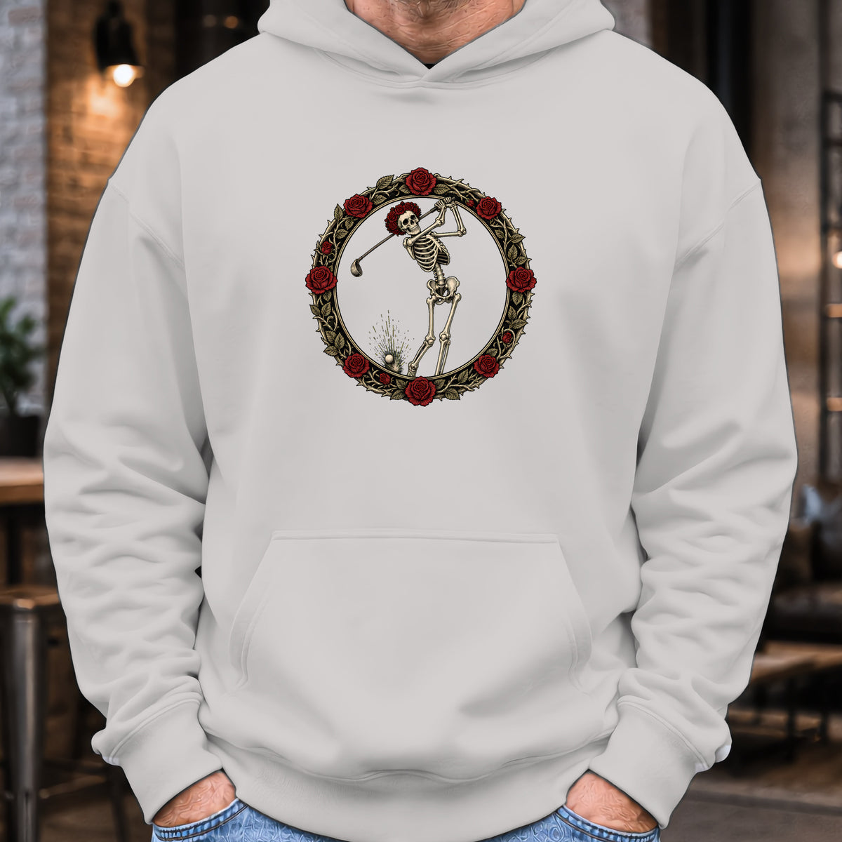 Rose Skeleton Crest Hoodie worn, Sport Grey