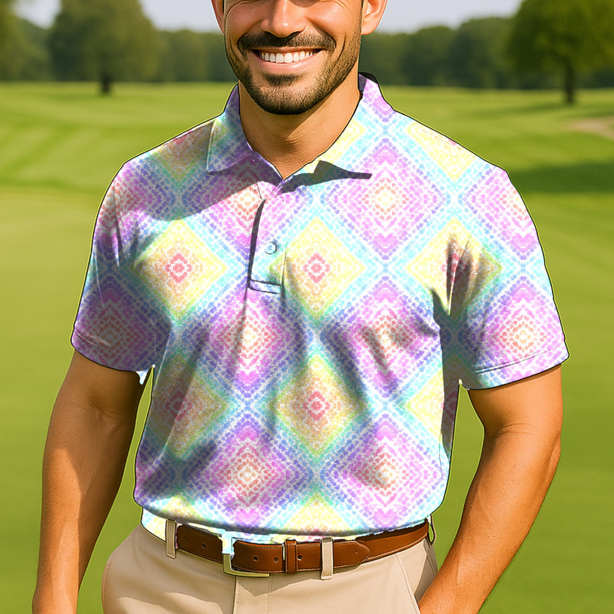 Rainbow Scribble Performance Print Polo worn on the golf course