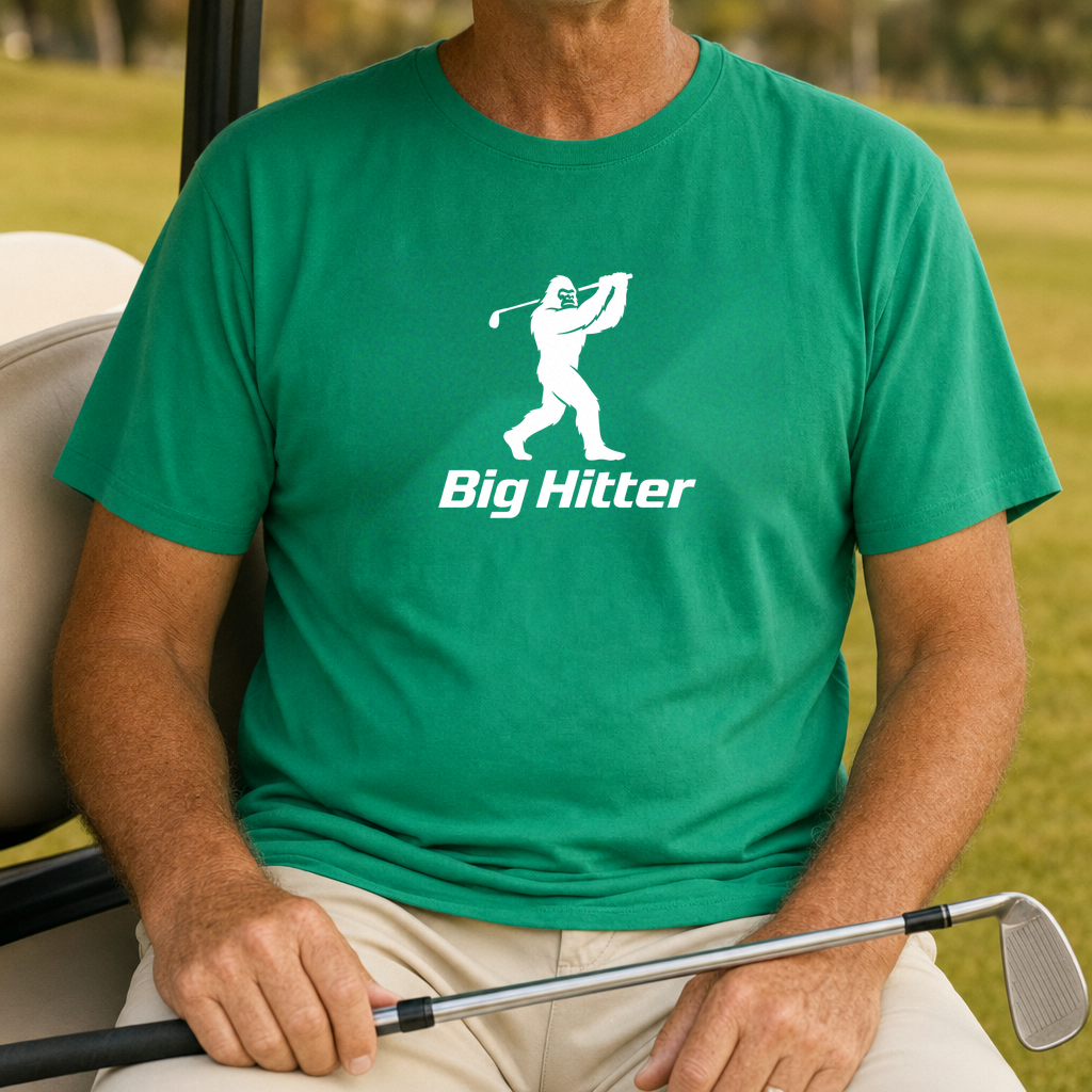 Sasquatch Big Hitter Tee worn on the golf course, Irish Green