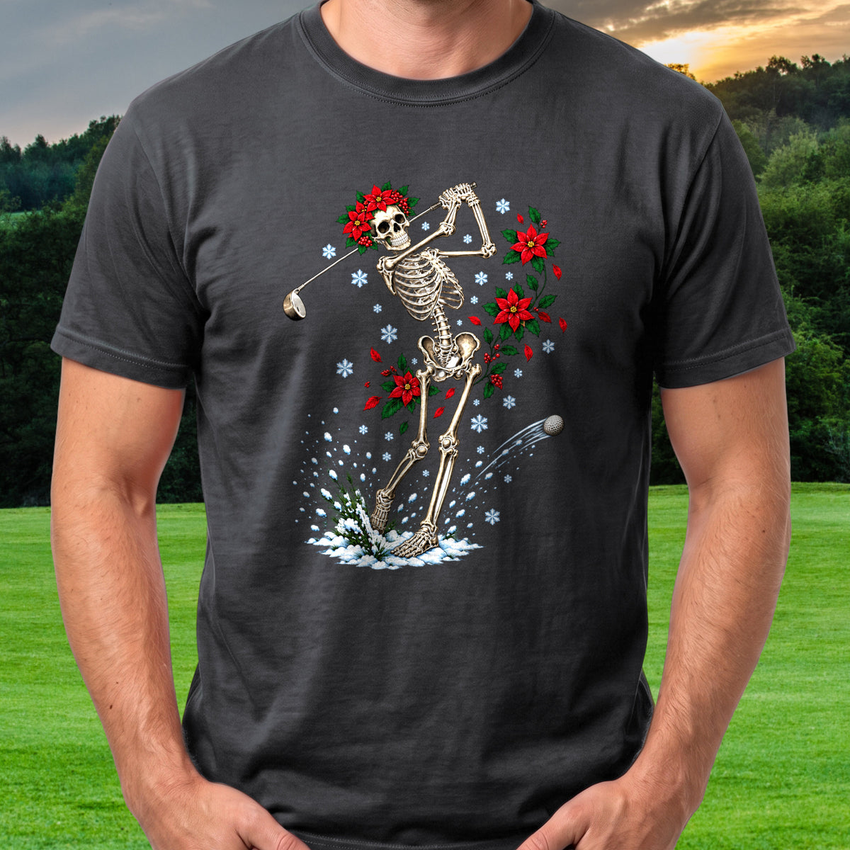 Skeleton Swing Christmas Tee worn on the golf course, Black