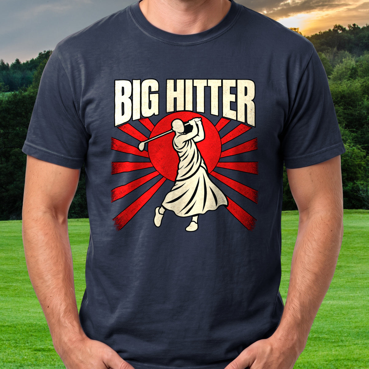 Big Hitter Propaganda Tee worn on the golf course, Navy
