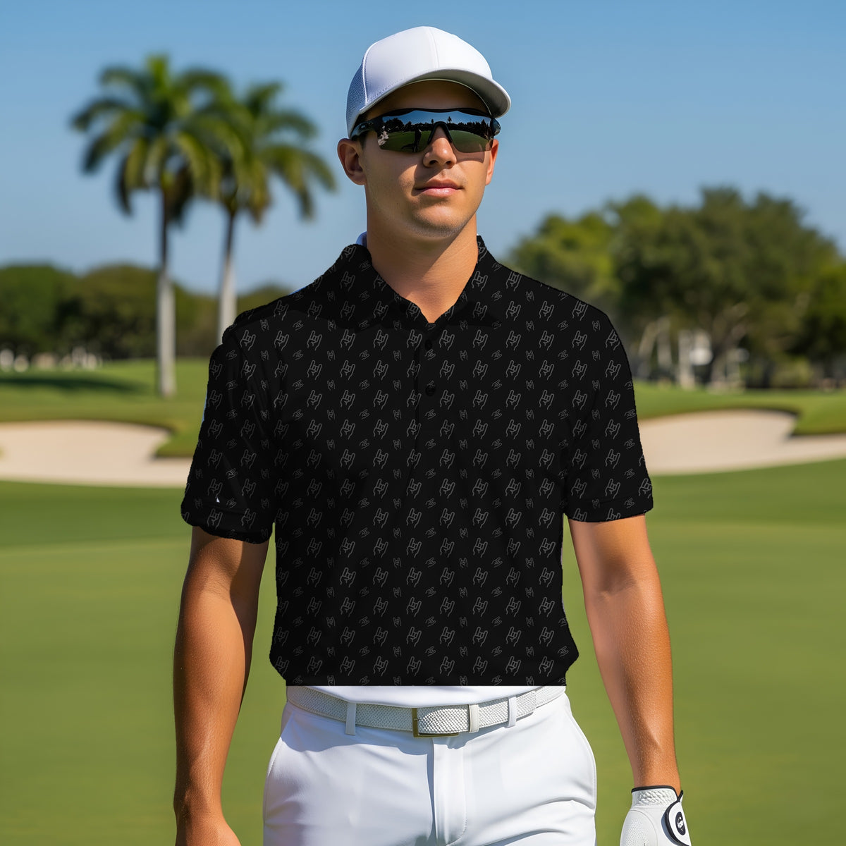Rock On Performance Print Polo worn on the golf course