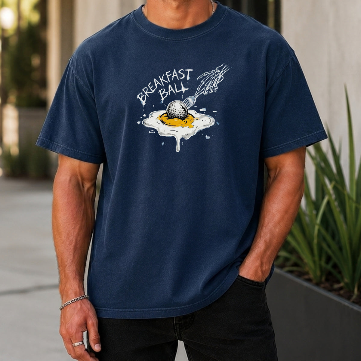 Breakfast Ball Egg Premium Tee worn, True Navy