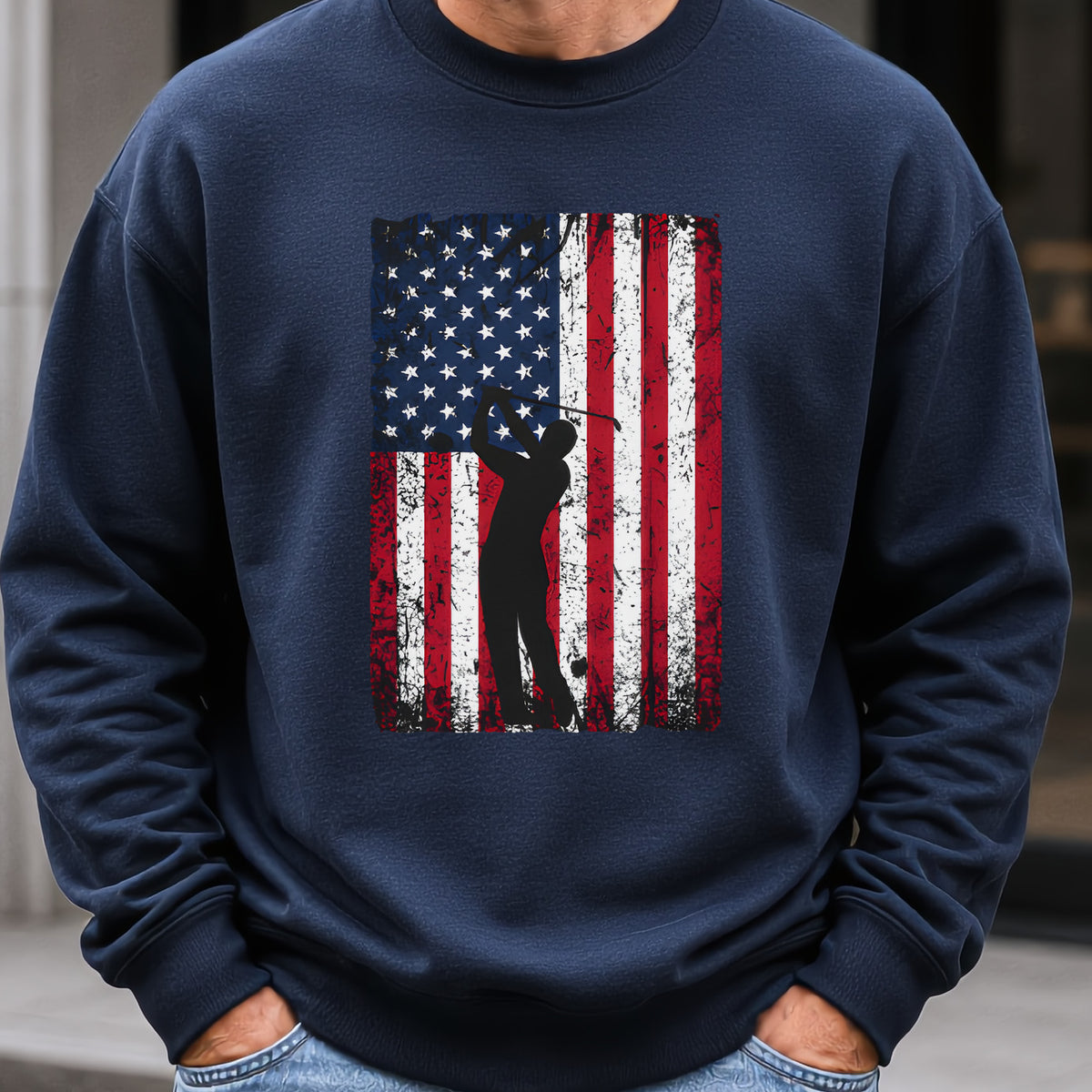 Flag Swing Sweatshirt worn, Navy