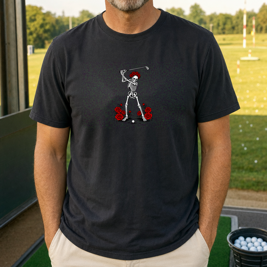 Rose Skeleton's Approach Tee worn on the golf course, Black