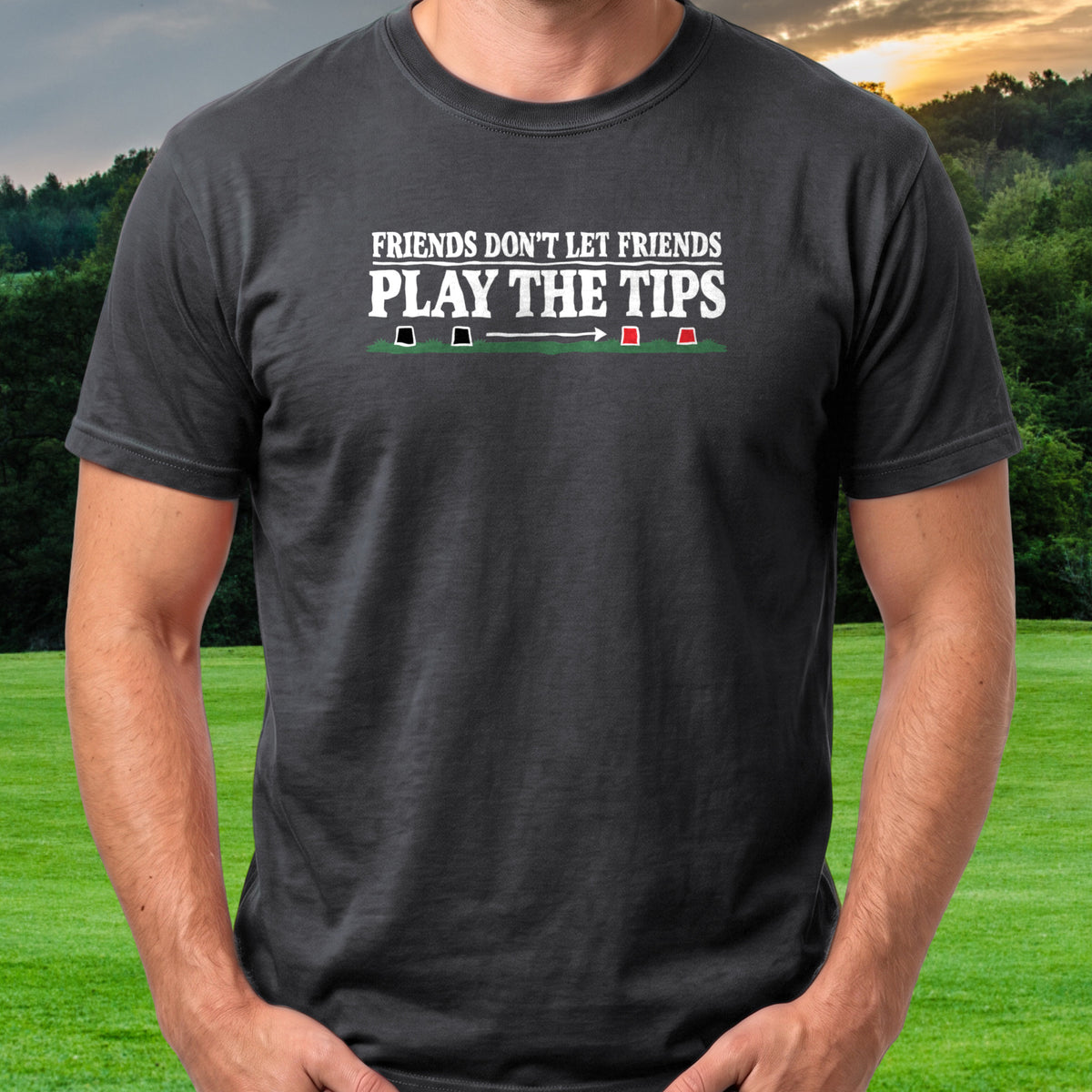 Friends Don't Let Friends Play The Tips Tee worn on the golf course, Black