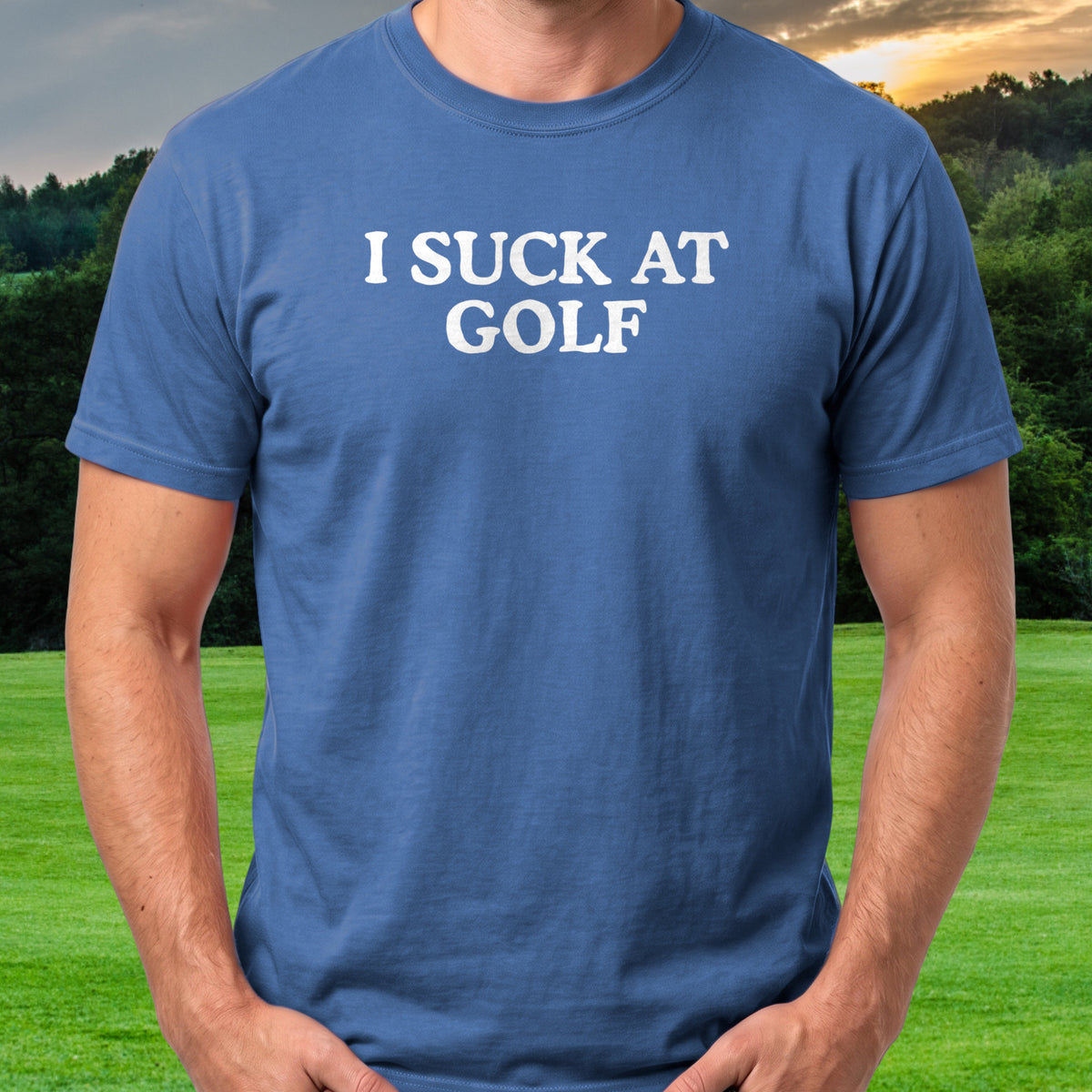 I Suck At Golf Retro Tee worn on the golf course, Royal