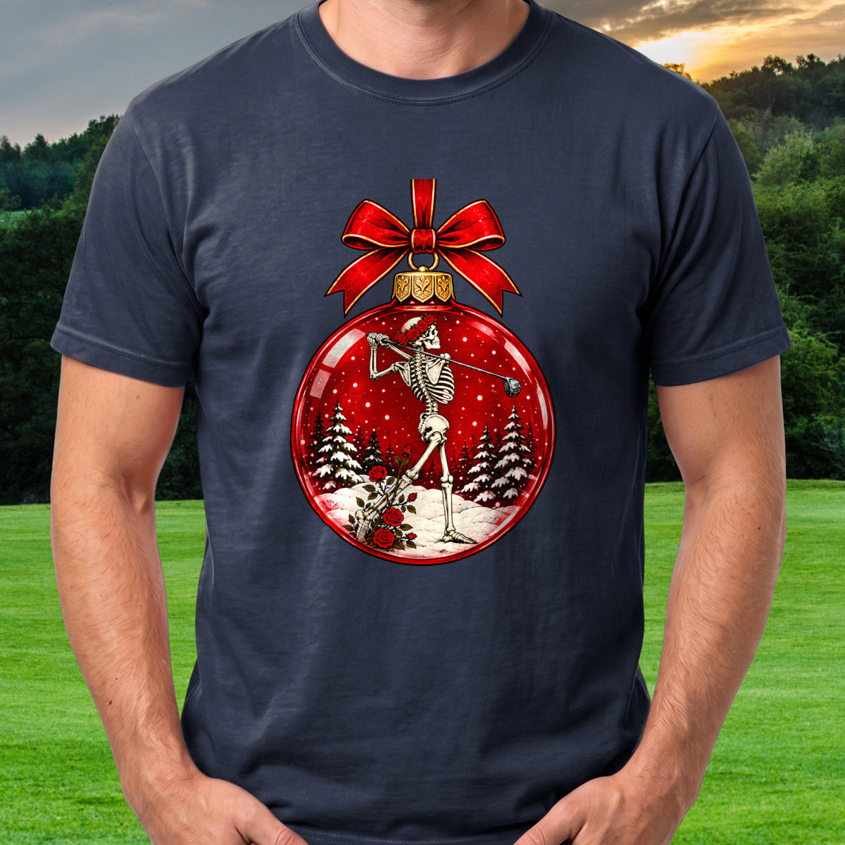 Rose Follow Through Ornament Tee worn on the golf course, Navy