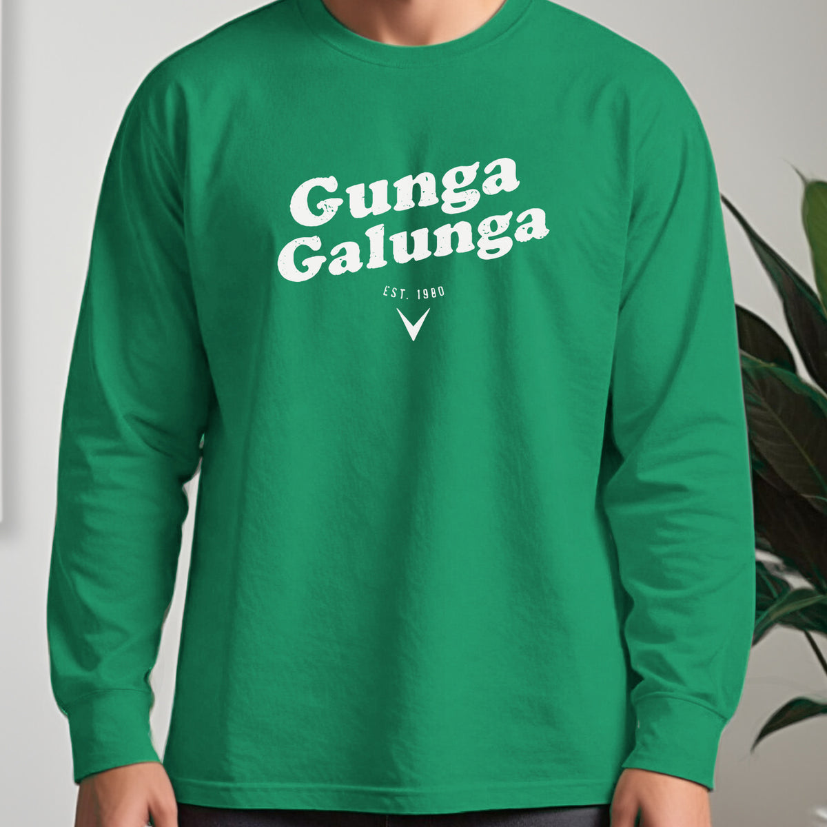 Gunga Galunga 1980 Long Sleeve Tee worn, Irish Green