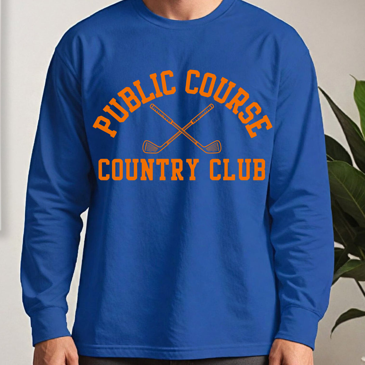 Public Course Country Club Long Sleeve Tee worn, Royal