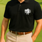 USA Flag Golfer Performance Polo worn on the golf course, Black