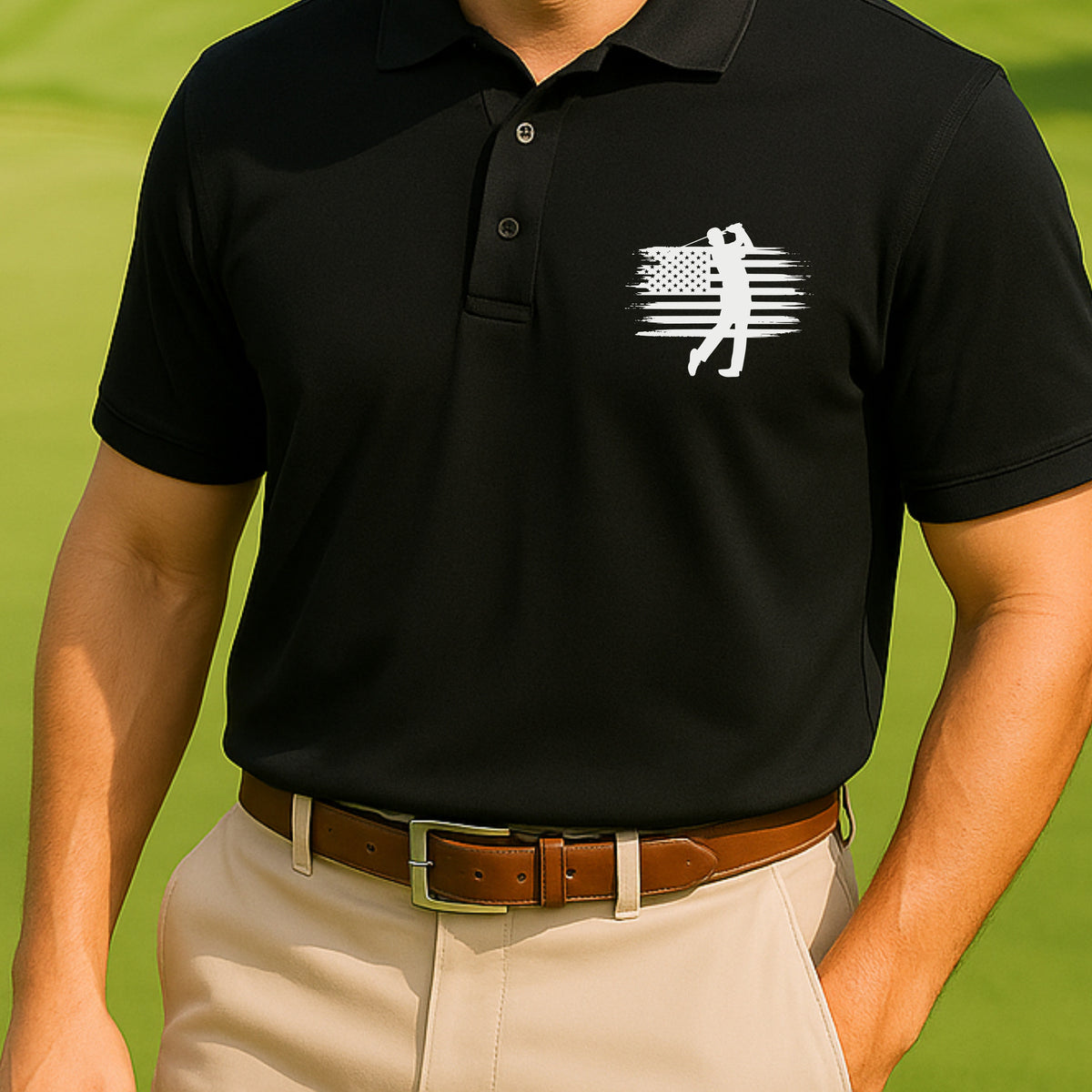 USA Flag Golfer Performance Polo worn on the golf course, Black