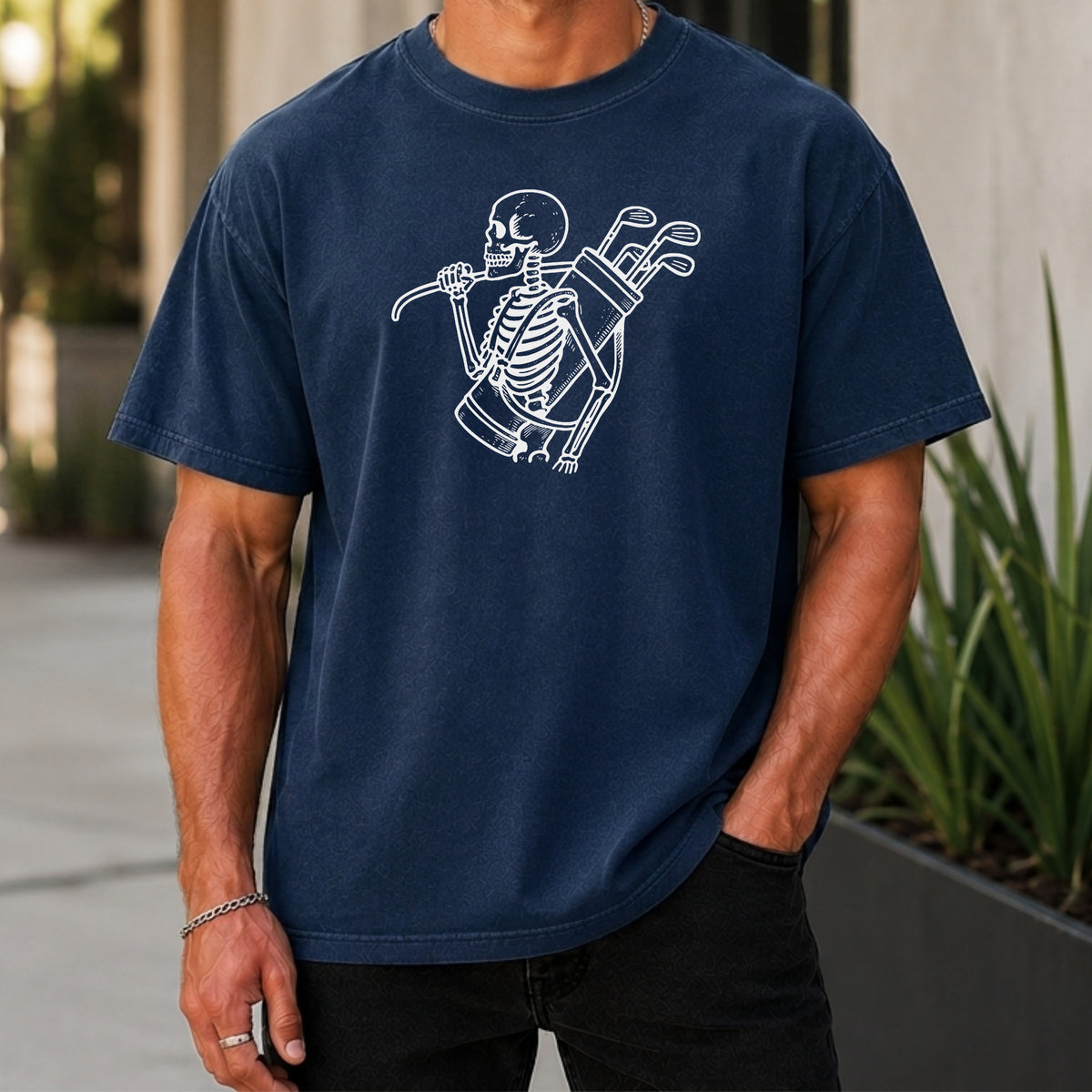 Skeleton Caddie Premium Tee worn, True Navy