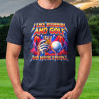 I Like Bourbon And Golf Rock Tour Tee worn on the golf course, Navy