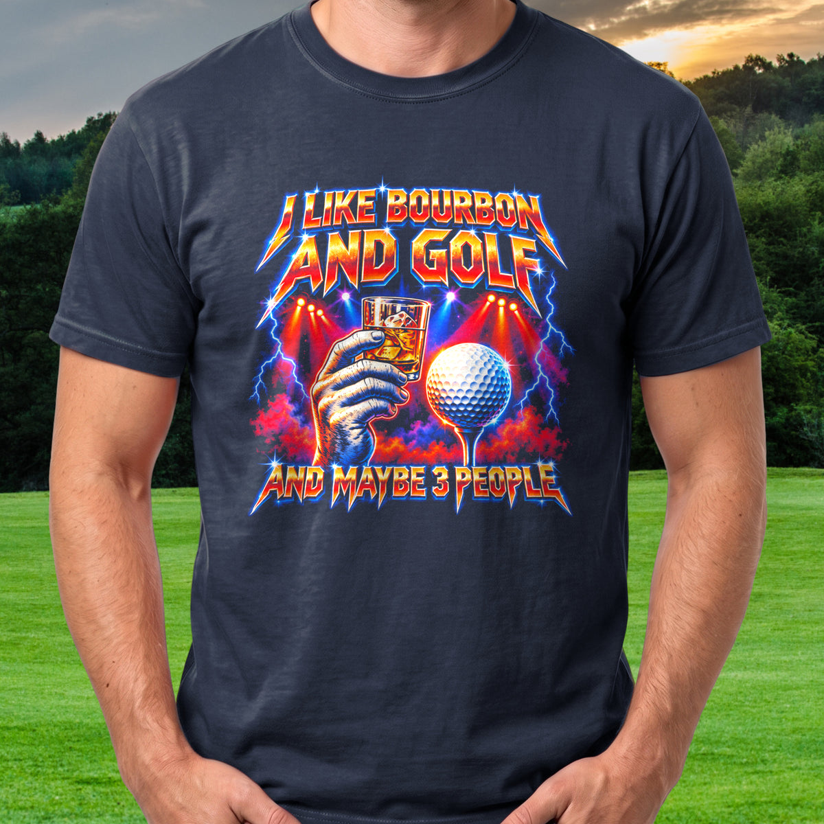 I Like Bourbon And Golf Rock Tour Tee worn on the golf course, Navy