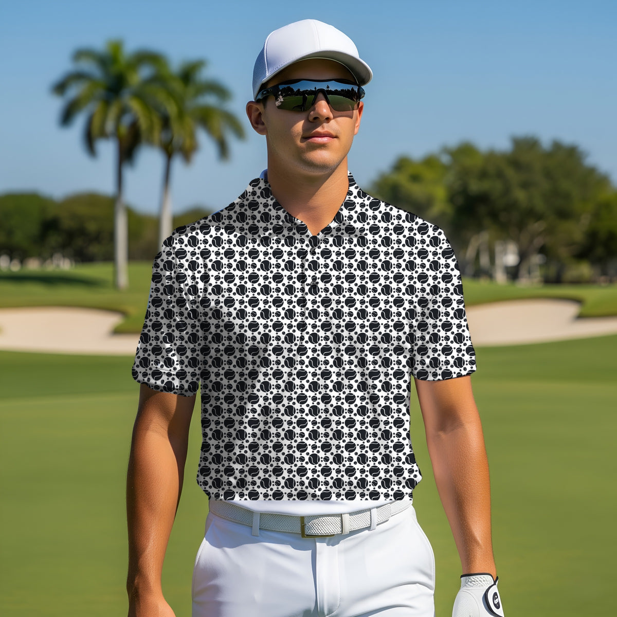 Tennis Balls Performance Print Polo worn on the golf course