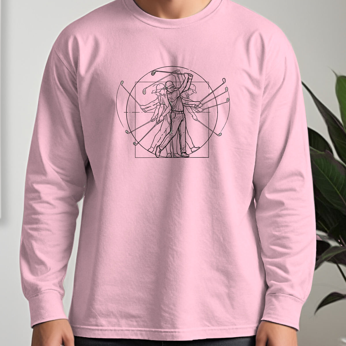 Vitruvian Man Swing Long Sleeve Tee worn, Light Pink