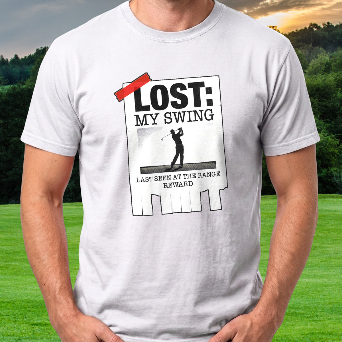 Lost My Swing Tee worn on the golf course, White