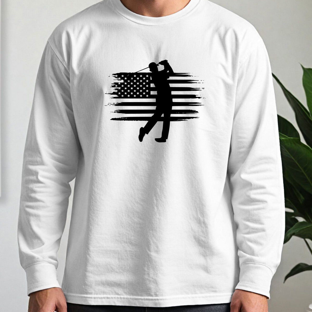 USA Flag Golfer Long Sleeve Tee worn, White