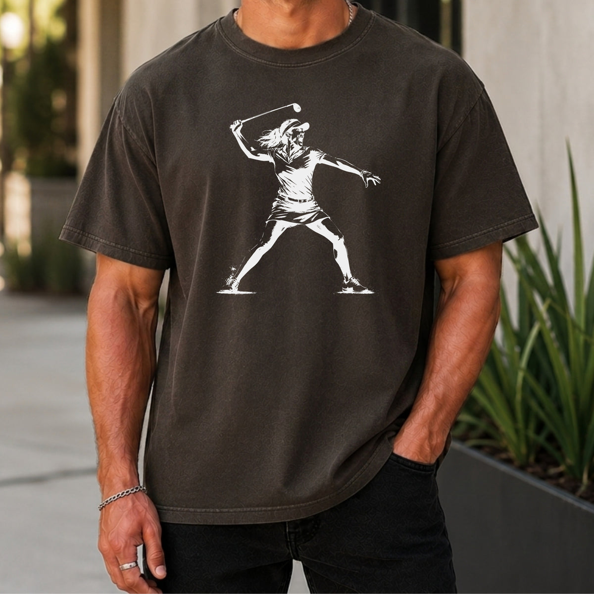 Angry Female Golfer Premium Tee worn, Pepper