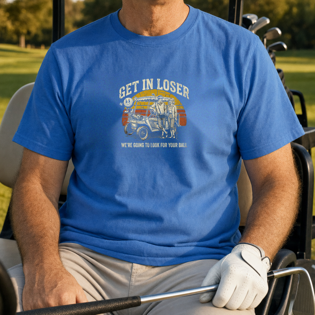 Get In Loser Retro Tee worn on the golf course, Royal
