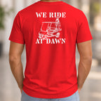 We Ride At Dawn Cart Back Print Tee worn, Red